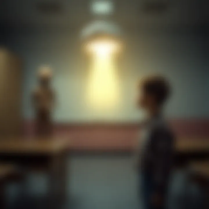 Boy in Classroom with UAP A young boy in a classroom looks at a glowing silver object in the air, with two alien figures standing nearby, a hint of a sulfur aroma in the air.
