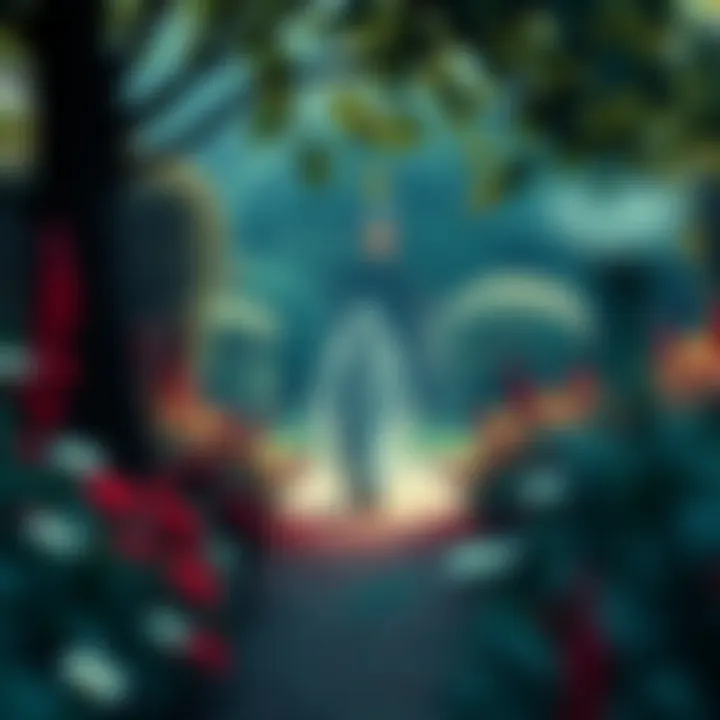A ghostly figure of a boy seen walking in a garden, surrounded by trees and flowers, capturing a spooky moment.