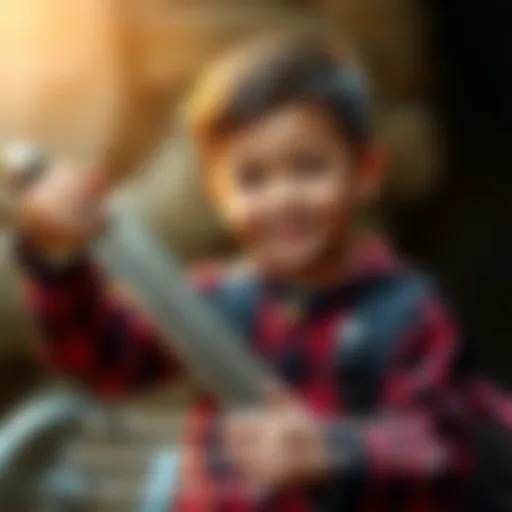 Boy holding ancient sword A young boy excitedly displays a 1,300-year-old sword found on a school trip.