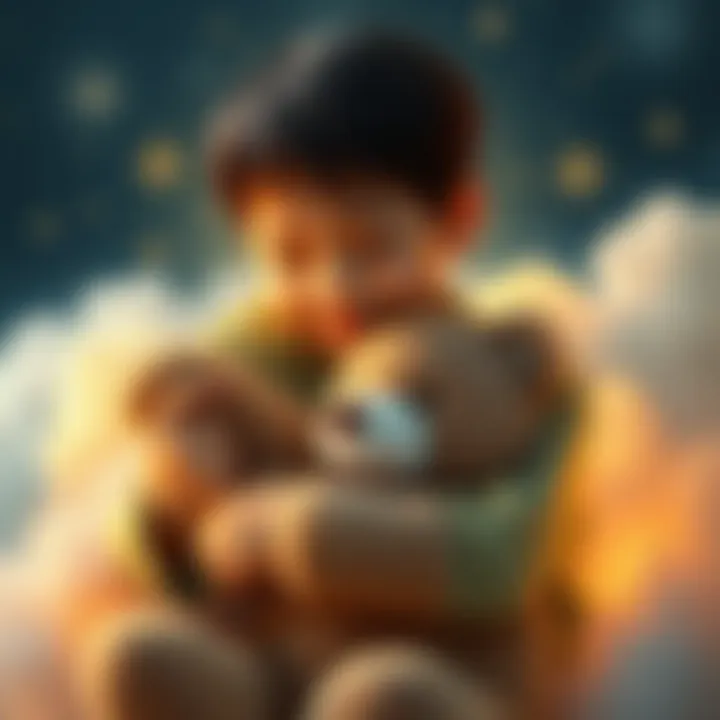 A young boy holding a teddy bear close to his chest with a warm smile, surrounded by soft clouds and stars, symbolizing dreams and childhood nostalgia.