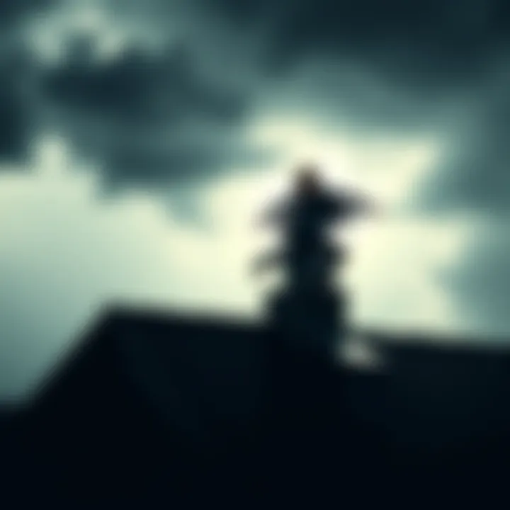 A young boy leaps on a rooftop, casting a shadow against a stormy sky, creating an eerie atmosphere.