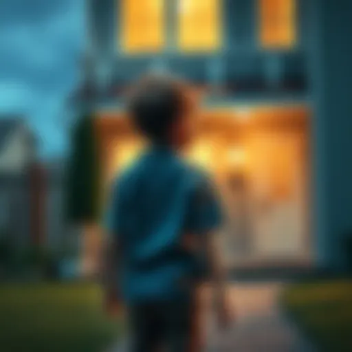 A young boy walking away from a house with a thoughtful expression, reflecting on his visit.