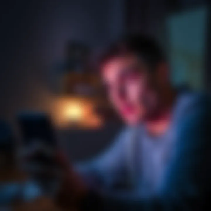 A worried boyfriend listens intently as he hears strange noises coming from his girlfriend's nightstand during a FaceTime call, with dim lighting in the room.