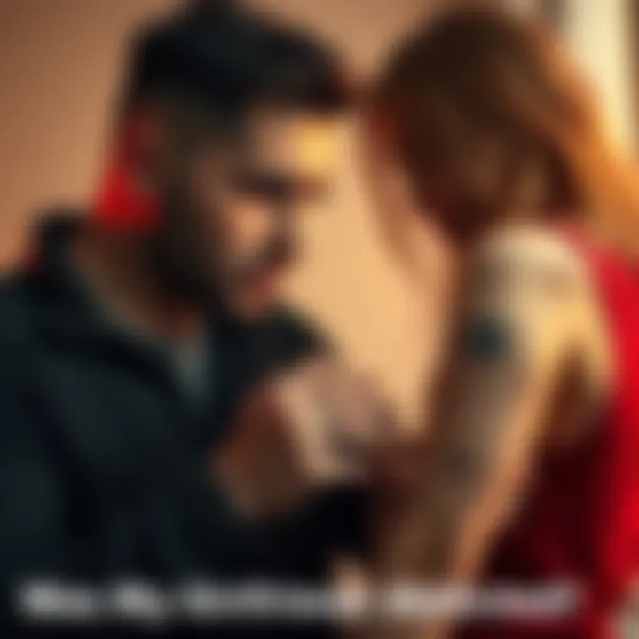 A worried boyfriend looking closely at unusual markings on his girlfriend's arm, showing signs of concern and confusion.
