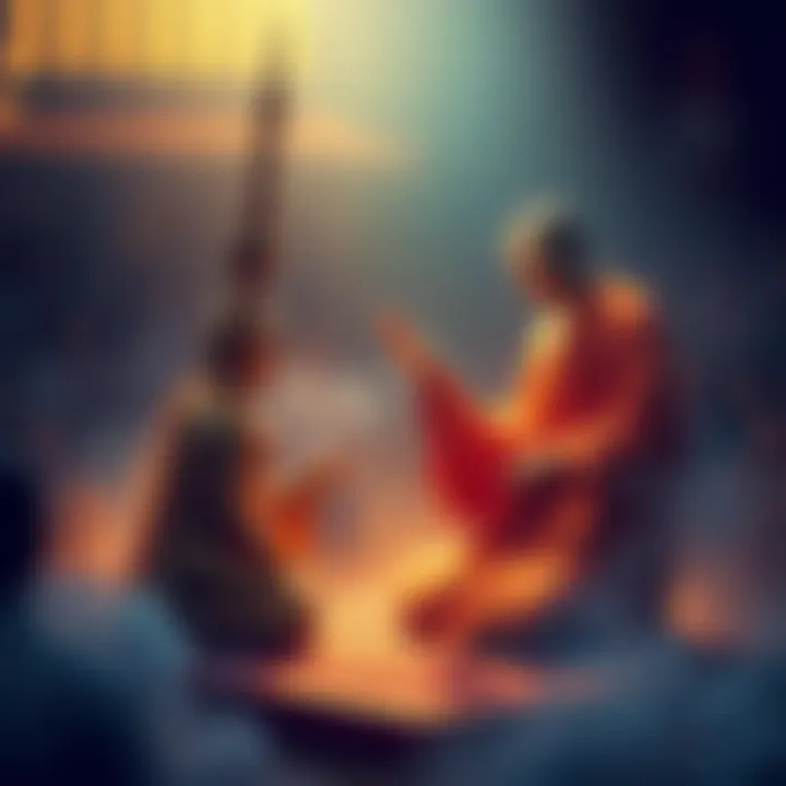 Brahma Sahampati, a divine figure, kneels before the Buddha, pleading for him to share the Dhamma with eager listeners.
