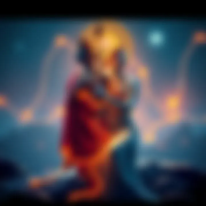 Concept of Brahman and Atman Two intertwined figures representing Brahman and Atman, symbolizing individuality and universal consciousness in a serene setting.