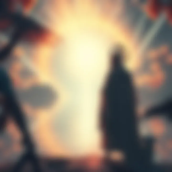 A serene scene depicting Brahman as a vast, formless light, contrasted with a gentle figure representing Ishwar, the personal god, showing their connection in spiritual practice.