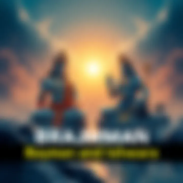A serene image depicting the concepts of Brahman as formless energy and Ishwara as a divine figure with attributes. They are represented in a peaceful setting, blending nature and spirituality.
