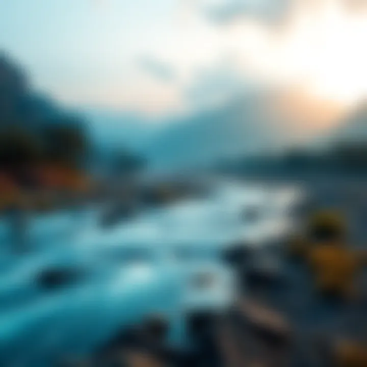 A serene landscape with a flowing river symbolizing the duality of Brahman as both process and entity.