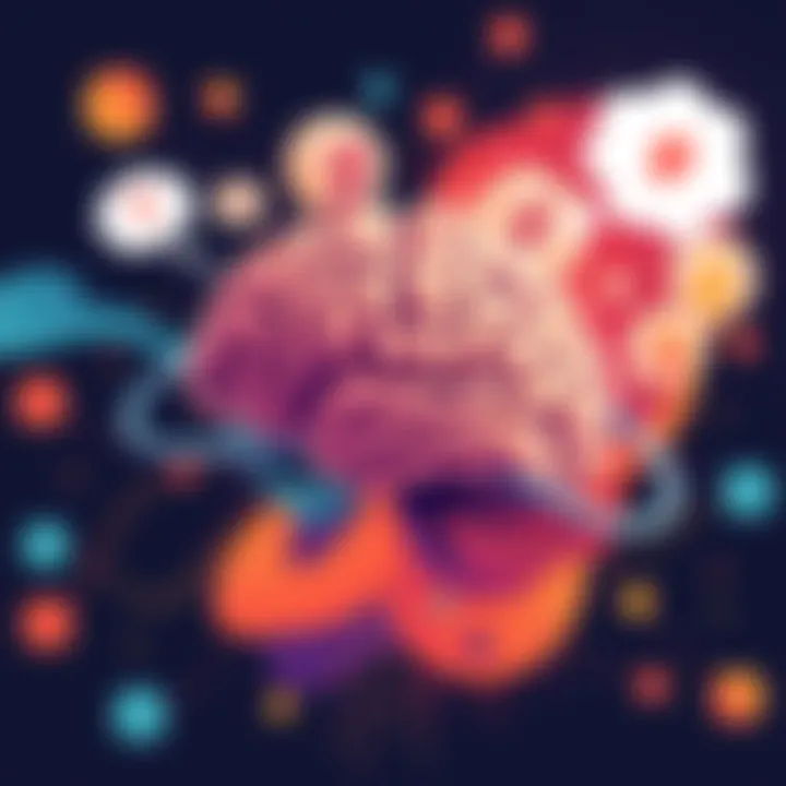 Illustration showing a brain with thought bubbles representing social interactions and self-doubt, surrounded by abstract patterns indicating mental activity