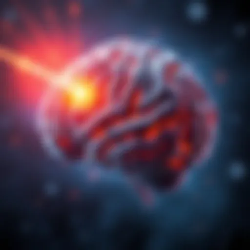 Illustration of a brain with highlighted areas showing activity associated with temporal lobe epilepsy and near-death experiences, featuring symbols of bright lights and time distortion.