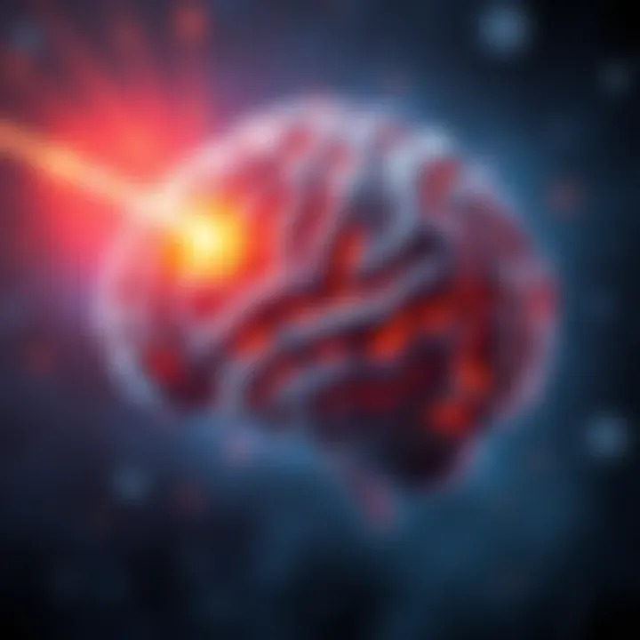 Illustration of a brain with highlighted areas showing activity associated with temporal lobe epilepsy and near-death experiences, featuring symbols of bright lights and time distortion.