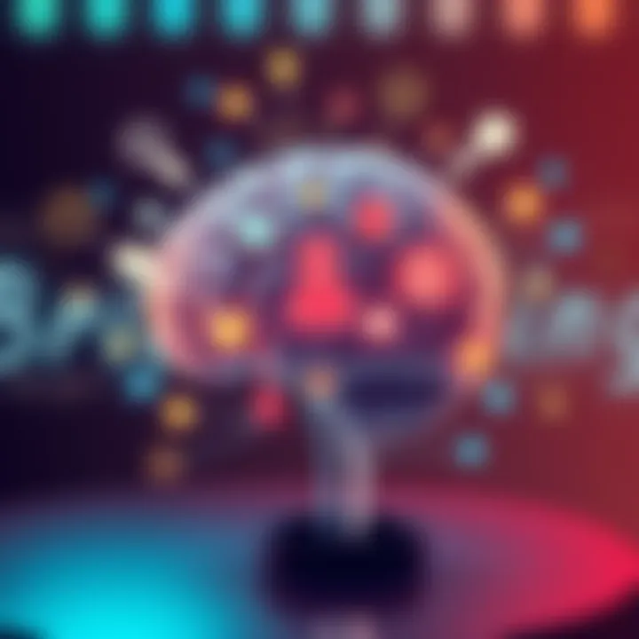 An illustration showing a human brain connected to various symbols representing thoughts and consciousness, with a thoughtful expression in the background.