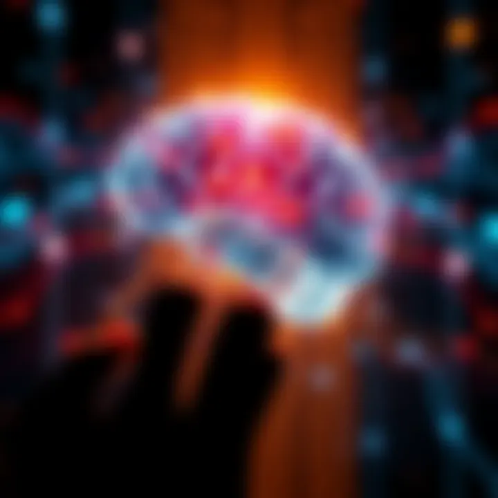 A digital representation of a brain chip implant with a person thinking about it