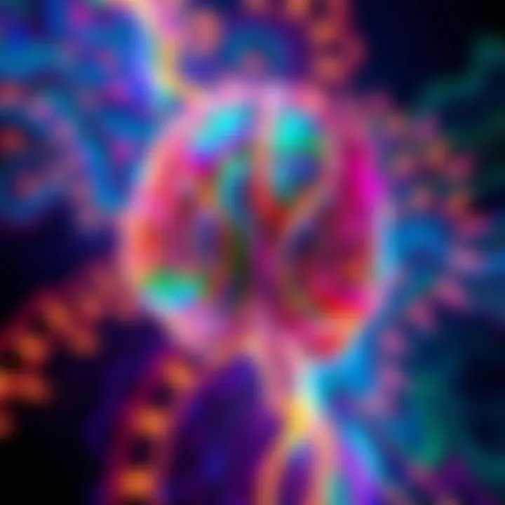 A human brain surrounded by vibrant, swirling patterns representing DMT experiences and perceptions of reality