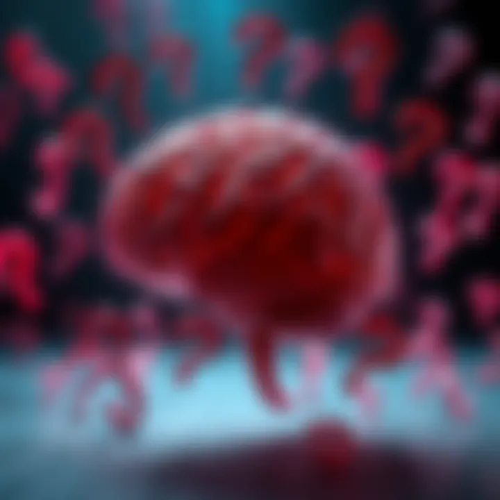 Brain with question marks A visual representation of a brain surrounded by question marks, symbolizing the hard problem of consciousness and ongoing debates about its understanding.