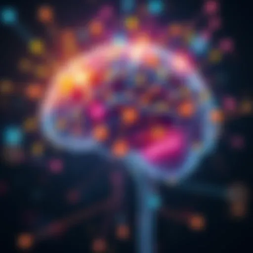 Brain with colorful thought patterns A brain illustration showing vibrant thought patterns and connections, symbolizing consciousness and perception.