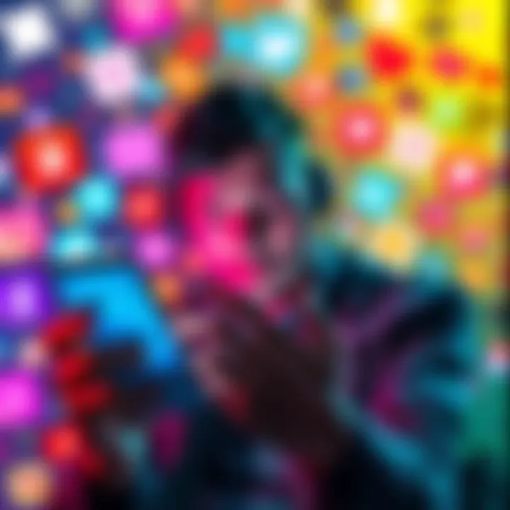 A person scrolling through brainrot content on a smartphone, surrounded by colorful social media icons, showing a mix of entertainment and distractions.