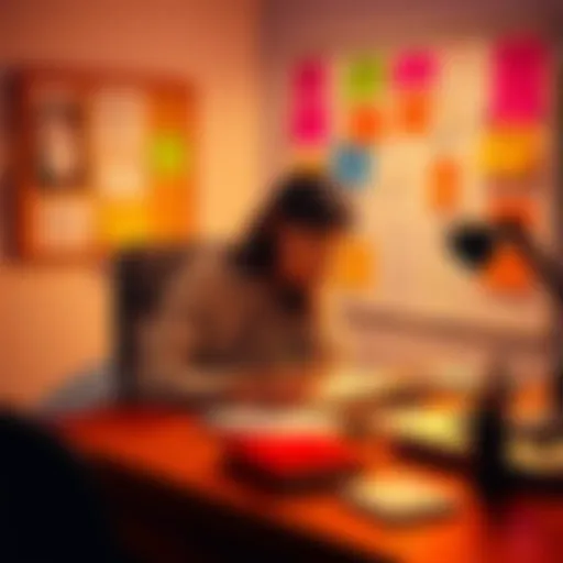 A person sitting at a desk, writing in a journal with a thoughtful expression, surrounded by notes and a vision board.