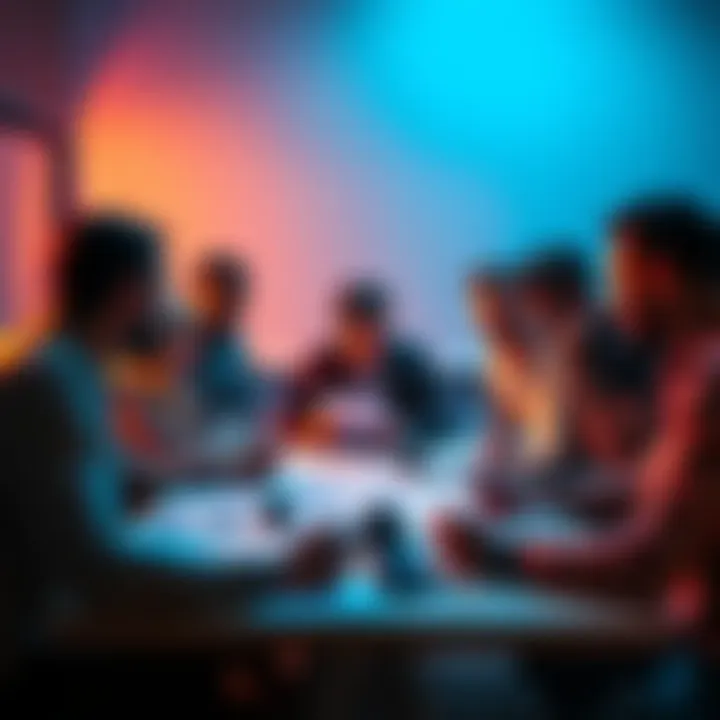 A diverse group of people collaborating at a table, sharing ideas and sketches related to meme creation.