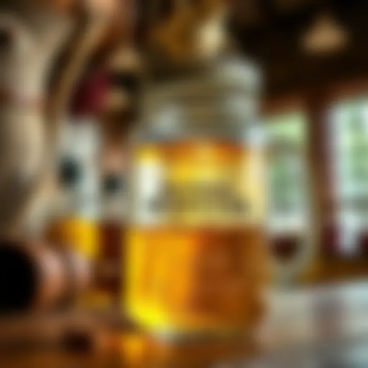 A close-up of a mason jar filled with clear, sweet moonshine, surrounded by rustic elements and Branson scenery, showcasing the allure of legendary spirits.