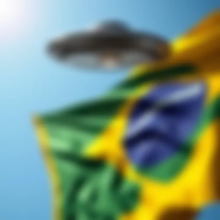 Brazilian flag with a UFO flying above it in a clear blue sky