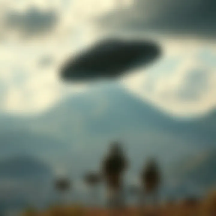 A view of Brazil's Varginha city with a UFO in the sky and military personnel observing below.