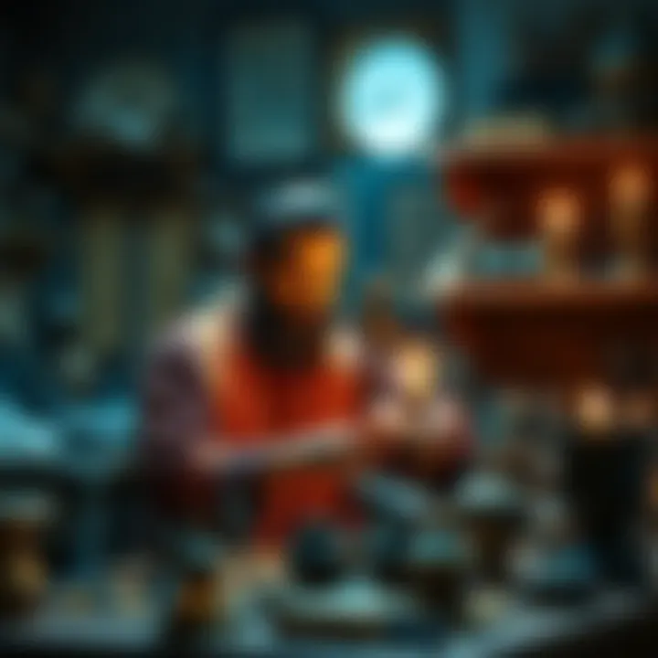 Frater Fábio Santos working on Enochian magical artifacts in his workshop, showcasing unique designs and materials.