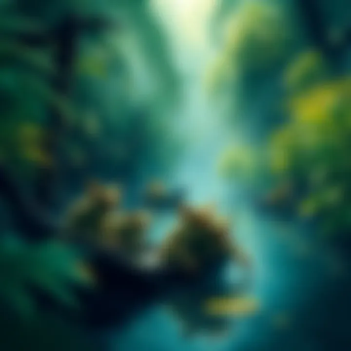Brazilian Amazon Cryptid Illustration of small, mythical river-dwelling beings in the Amazon surrounded by lush greenery and a river.