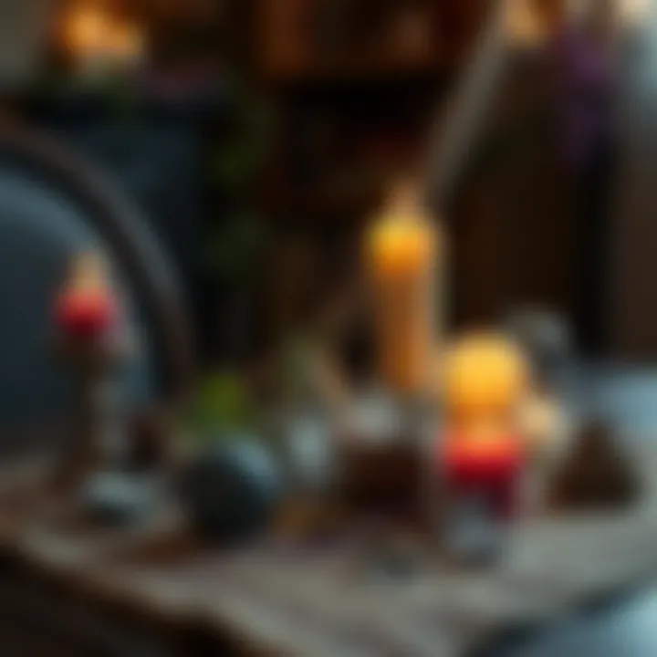 A selection of candles, herbs, and crystals arranged on a table for performing a break-up spell