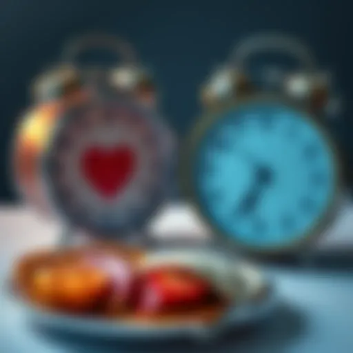 Breakfast After Noon A clock showing noon with a plate of breakfast food beside it, symbolizing late breakfast and heart health risks.