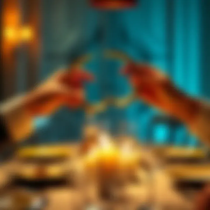 Two hands breaking a wishbone at a dinner table