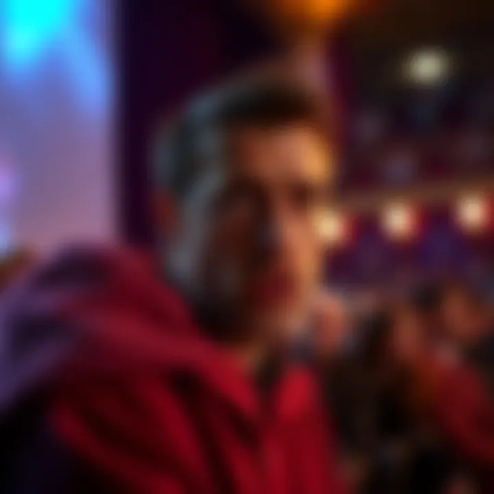 A character in a play looks directly at the viewers, breaking the fourth wall and engaging them in the story.