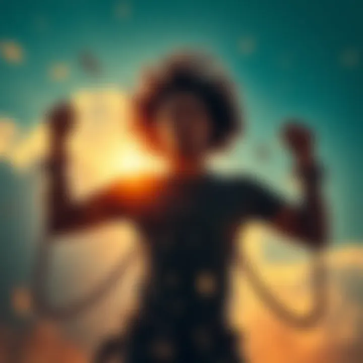 Person breaking free from chains Individual breaking free from chains, symbolizing liberation from the belief of oneness and embracing their true self.