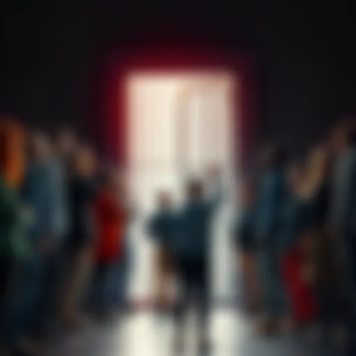 Breaking Free from Constraints A group of diverse people standing together, looking hopeful as they face an open door that represents freedom from oppression.