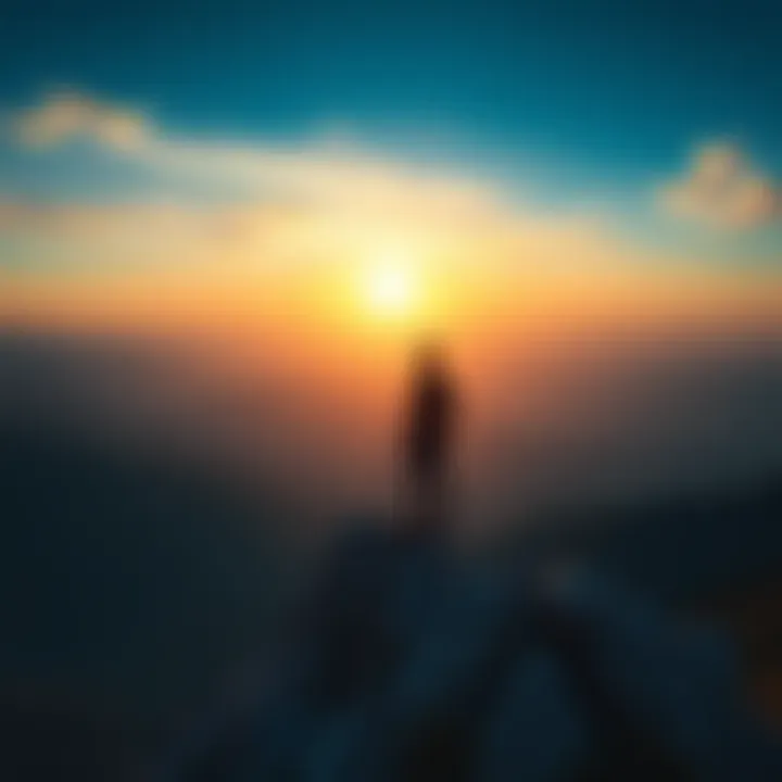 A person standing on a mountain peak, looking over a vast landscape at sunrise, symbolizing liberation from the cycle of birth and death.
