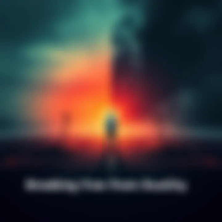 A person standing at a crossroads, contemplating different paths representing duality in thought. One path is bright and clear, the other dark and foggy, symbolizing choices in perception.