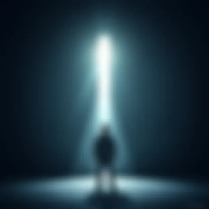 A person standing before a large, opaque wall, symbolizing a mental prison, with light breaking through at the top, representing hope and understanding.