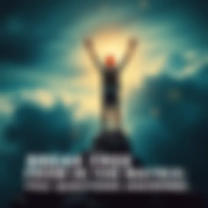 Individual standing on a mountain peak with arms raised, symbolizing freedom and self-awareness