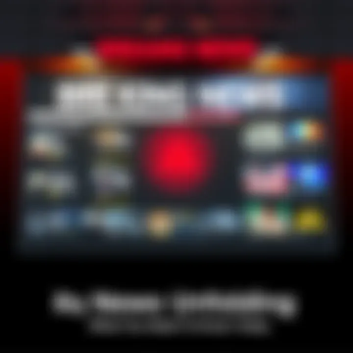 A bulletin board displaying breaking news headlines with a red alert symbol.