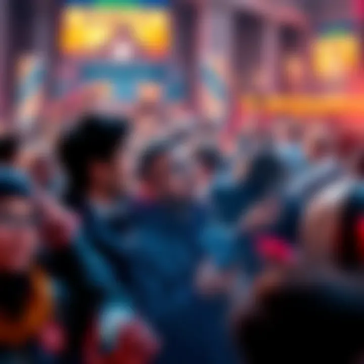 Crowd reacting in surprise to a significant event, with people looking at their phones and discussing