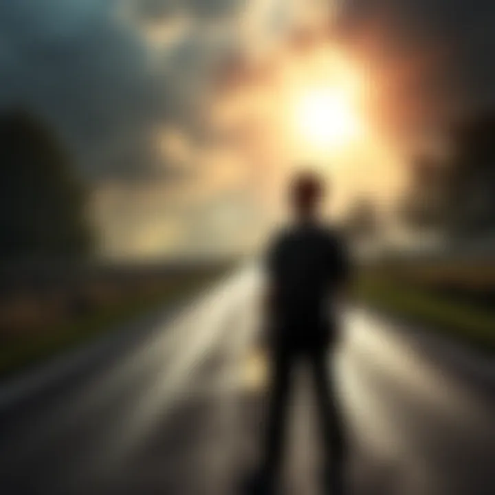 A person standing at a crossroads, looking hopeful towards a bright future while reflecting on past relationships, symbolizing the journey to break free from abusive cycles.