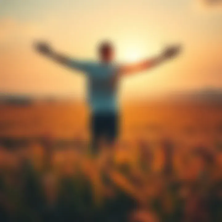 A person stands with arms wide open in a bright field, symbolizing freedom and self-acceptance, shedding societal labels.