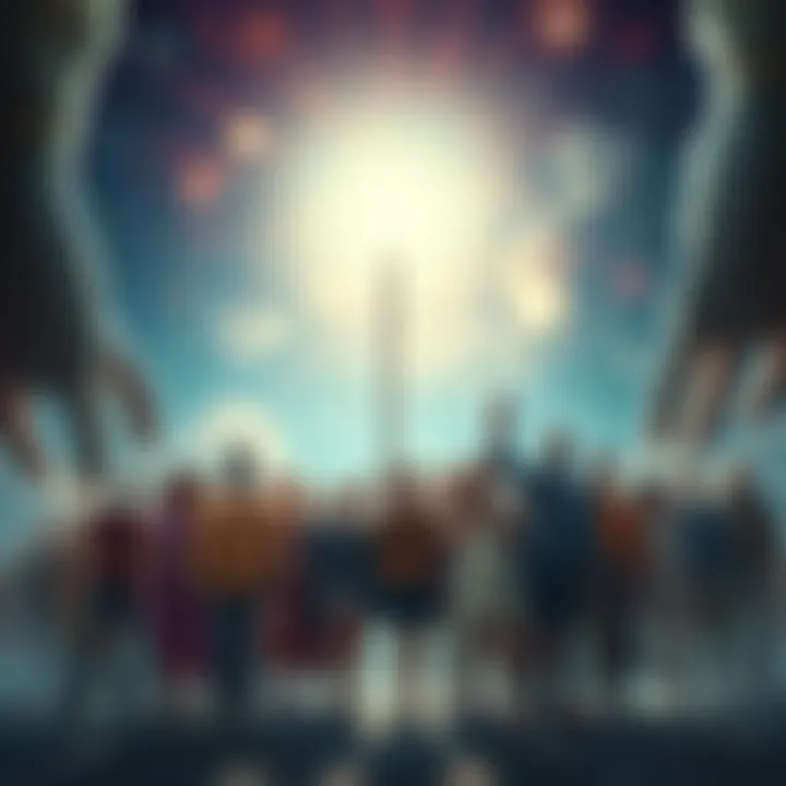 Breaking Free from Old Practices A group of diverse individuals standing together, breaking chains that symbolize outdated beliefs, with a bright light shining above them representing new hope and Sovereignty.