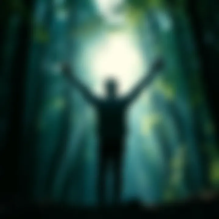 A person stands in a forest with arms raised, surrounded by light, symbolizing liberation from a spell.