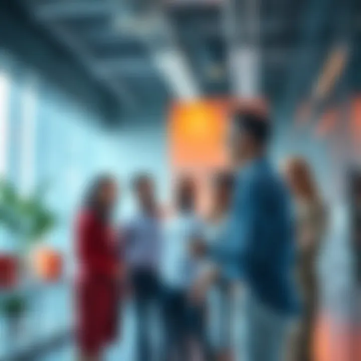 A group of diverse people discussing a major breakthrough in a bright, modern office setting