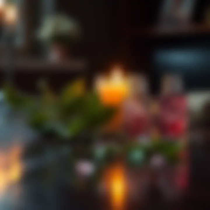 Breakup Spell Ingredients A candle, bay leaves, and a bottle of rose quartz oil arranged on a table for a breakup spell.