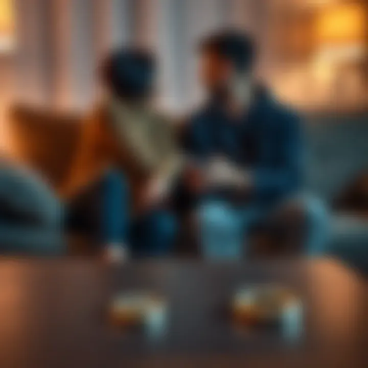 A couple sitting apart on a couch, showing signs of tension, with wedding rings on a table nearby, symbolizing breakups and delayed marriages.