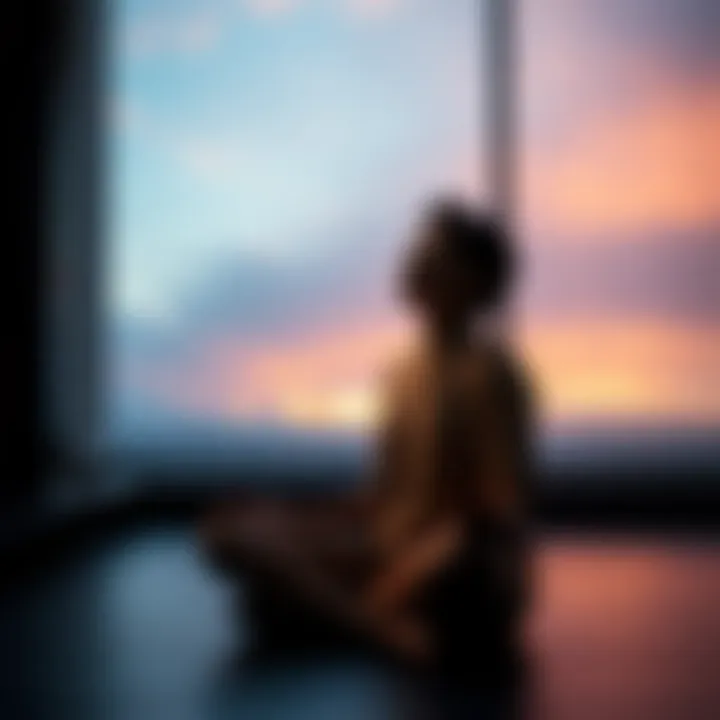 Individual sitting cross-legged, calmly breathing with eyes closed in a serene environment