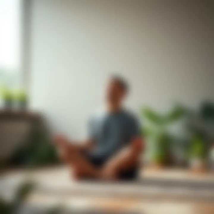 A person sitting cross-legged with eyes closed, practicing breath focus in a calm environment, surrounded by soft light and greenery.